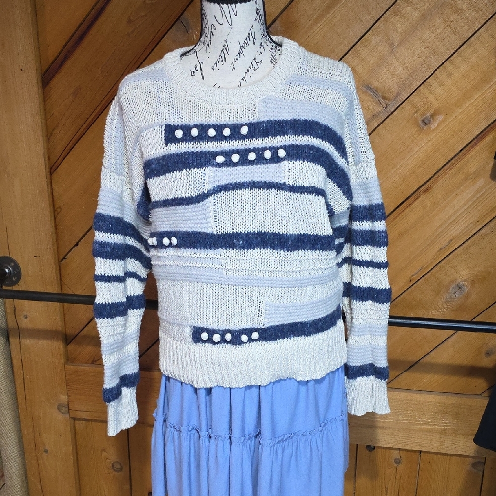 Madewell Striped Bobble Knit Crewneck Sweater Blue Cream Mixed Stitch Large
